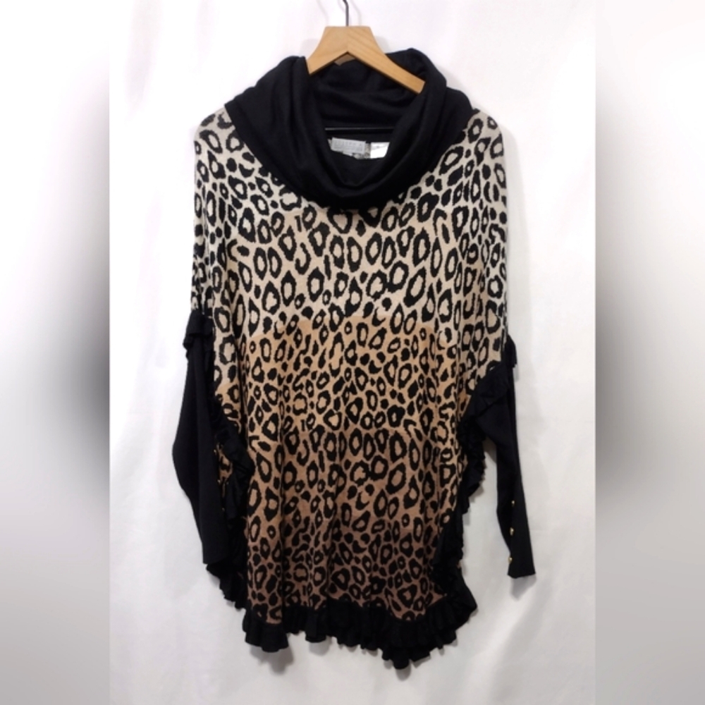 NWT Joseph A Leopard Sweater Poncho Women's XL Black Cream Boho Retro Y2K 90s